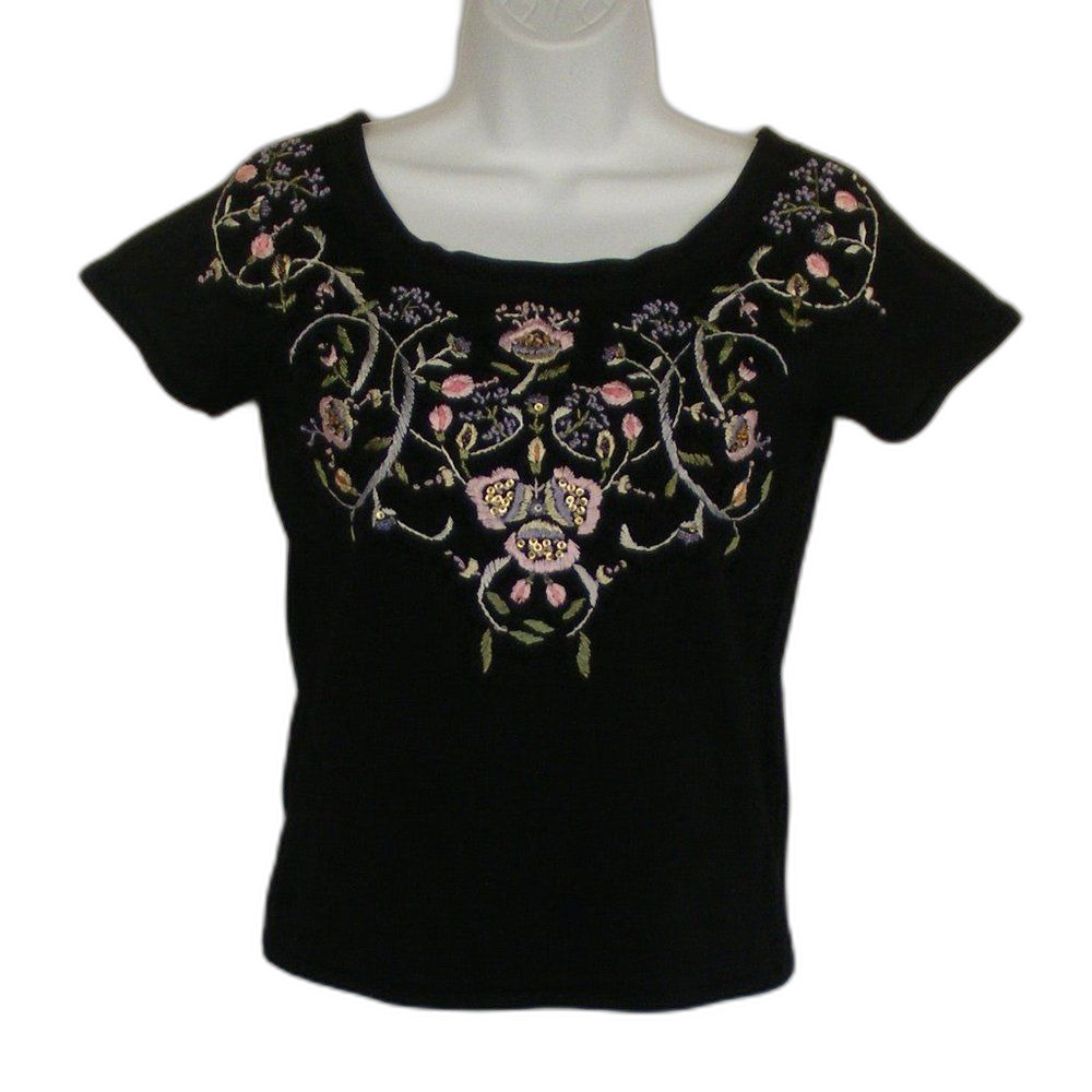 DIANE FREIS Knit Top/Blouse, L, Embroidered, SS, Black, stretchy